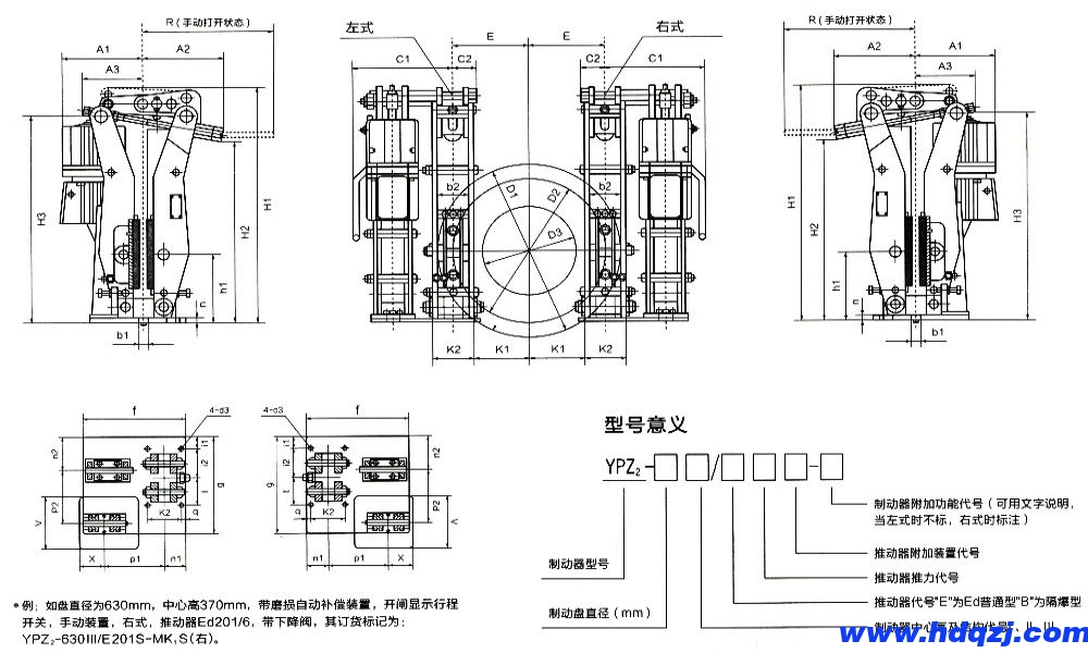 YPZ2ⅠⅡⅢ液压臂盘式制动器外形尺寸/型号意义图
