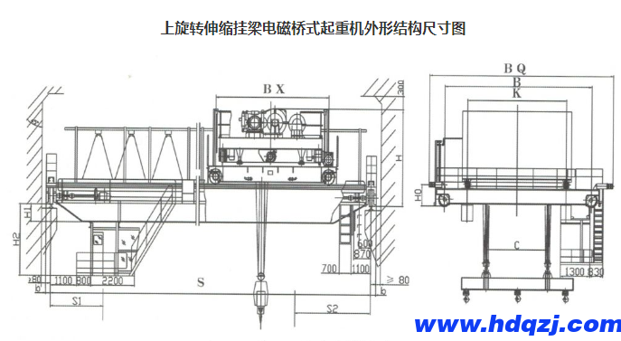 上旋转伸缩挂梁电磁桥式起重机